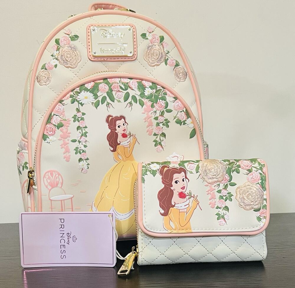 Loungefly Disney Beauty and The Beast Quilted Belle Mini Backpack Wallet Set